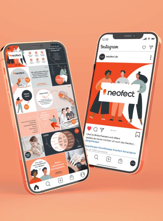 Apple iPhone mit individuell gestalteten Instagram Beiträgen für den Therapiesystemhersteller Neofect Germany